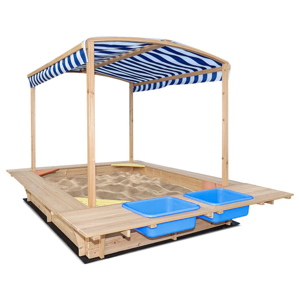 Lifespan Kids Sandpits Playfort 2 Wooden Sandpit with Blue Sun Canopy - Lifespan Kids 9347166072979 LKSP-PLAYF Buy online: Playfort 2 Wooden Sandpit with Blue Sun Canopy  Happy Active Kids Australia